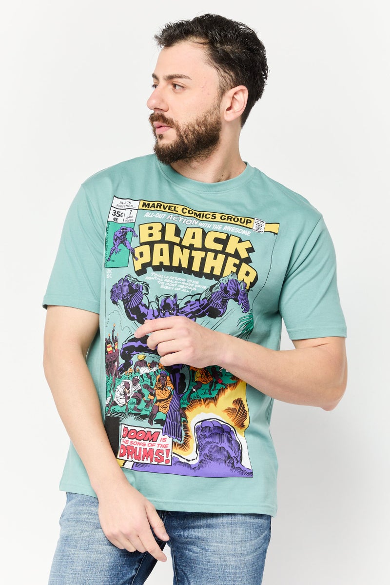 MARVEL Men Crew Neck Short Sleeves Black Panther Print T-Shirt, Slate Green - Image 1