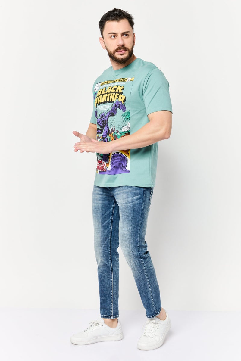 MARVEL Men Crew Neck Short Sleeves Black Panther Print T-Shirt, Slate Green - Image 2