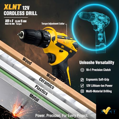 XLNT 12V Cordless Drill Machine Tool Kit, 2-Speed Rechargeable Driver, 18+1 Torque Settings, Adjustable Clutch, Li-ion Battery, Multiple Accessories, Carrying Case - Image 2