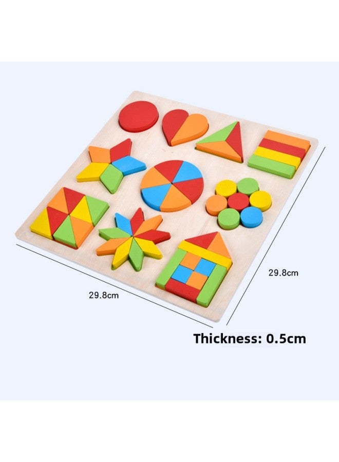 Wooden Jigsaw Puzzle Equal Geometric Shape Puzzle Graphic Puzzle Wooden Children's Early Education Educational Toys Teaching Aids-Color:Geometric Puzzle - Image 1