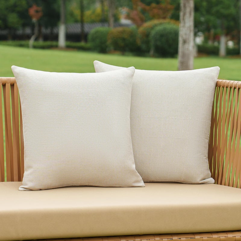 NiNi ALL Pack of 2 Decorative Outdoor Waterproof Pillow Covers Square Linen Textured Garden Cushion Sham Throw Pillowcase Set of 2 for Patio Farmhouse Garden Tent Couch 18x18 Inch Beige - Image 1