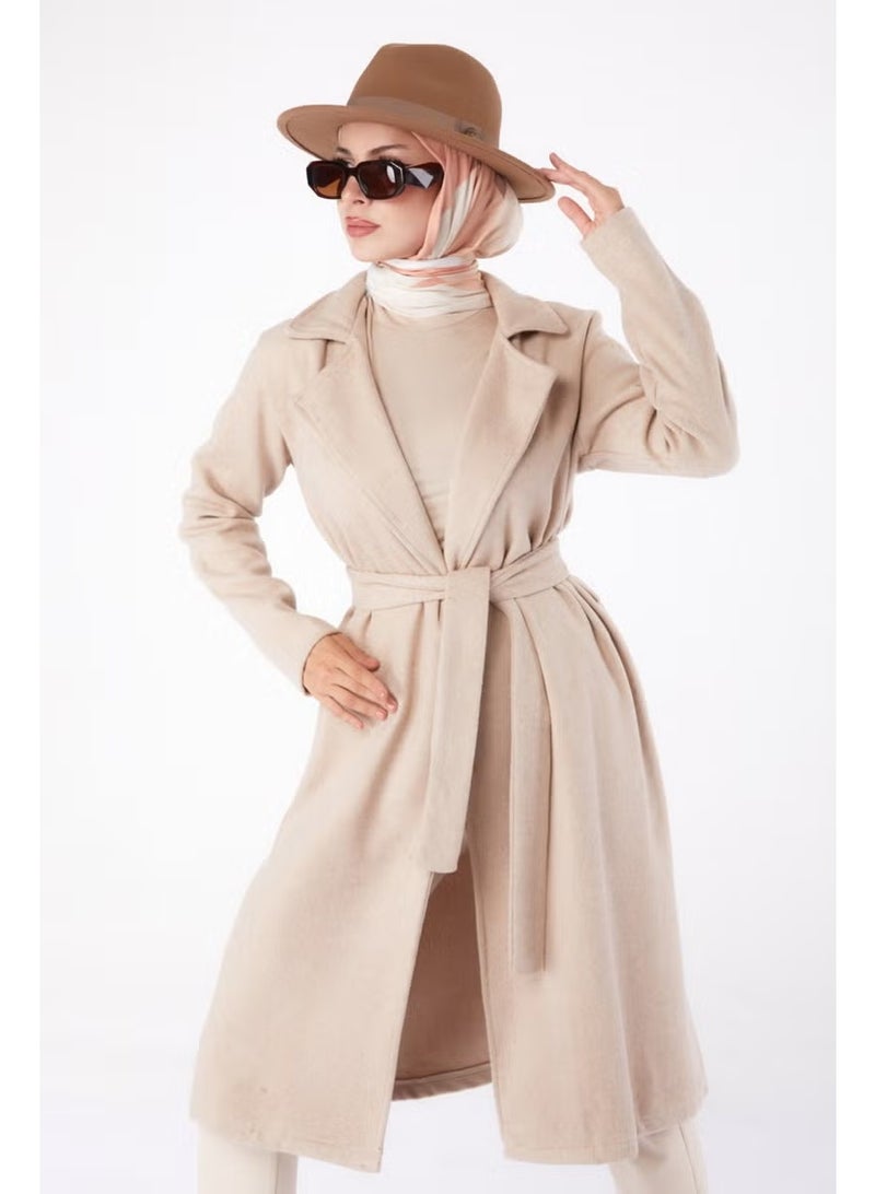 Tofisa Plain Double Breasted Women's Beige Cashmere Coat - 13287 - Image 3