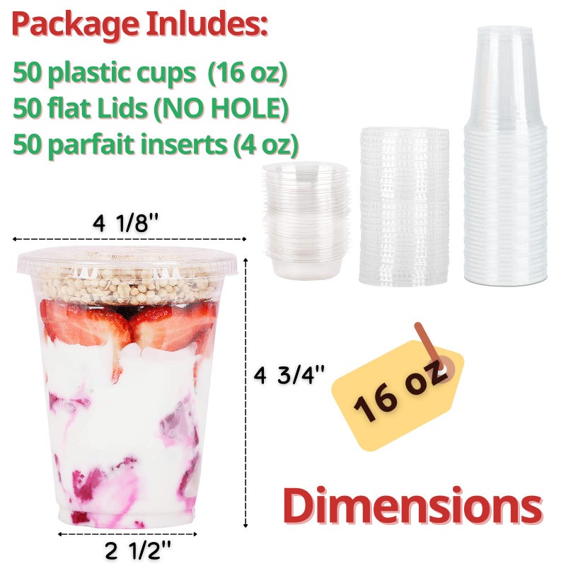 Aatriet 16 oz Clear Plastic Parfait Cups with Insert 4oz & Flat Lids No Hole - (50 Sets) Yogurt Fruit Parfait Cups for Kids  for Dips and Veggies  Take Away Breakfast and Snacks. No Leaking - Image 1