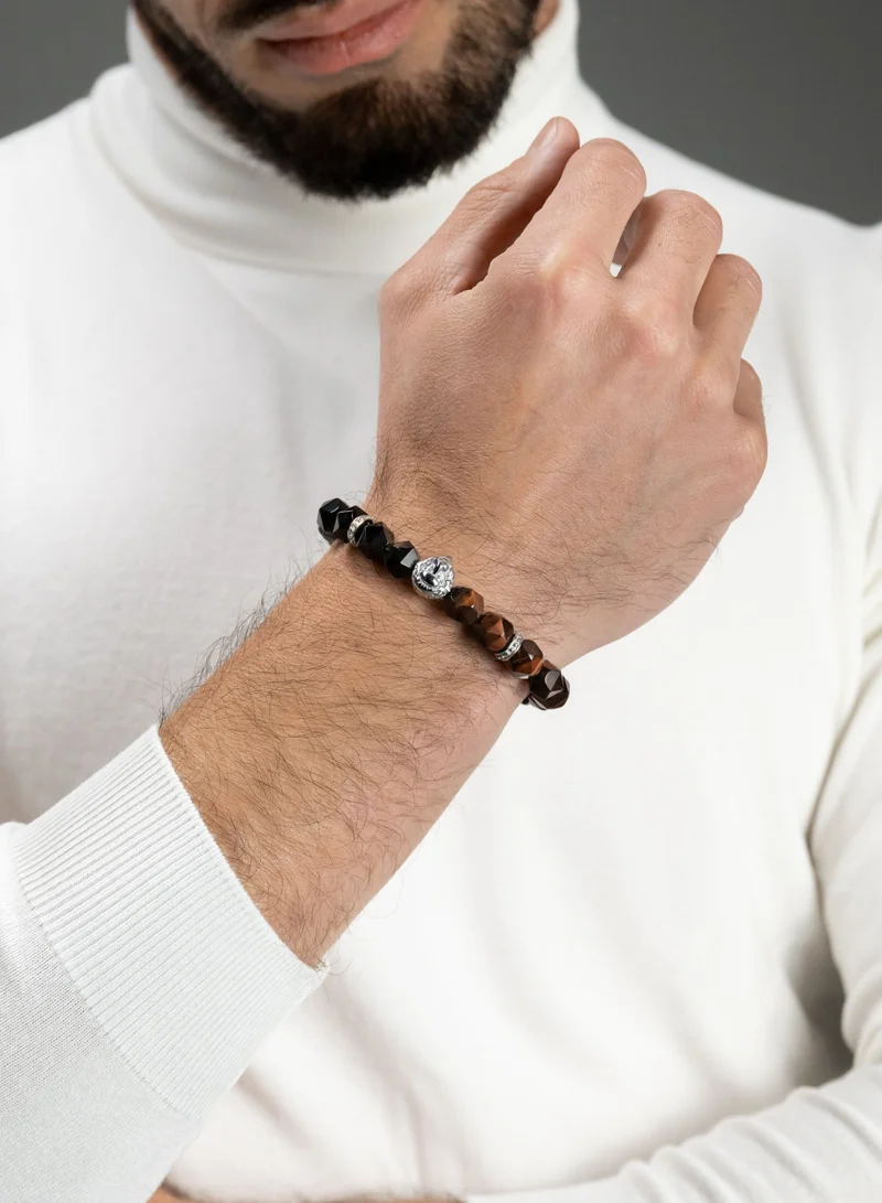 Lunnora Red Tiger Eye and Onyx Beads Handmade Natural Stone Bead Bracelet – Bracelet for Men, Men’s Bracelet, Gifts for Men, Bracelets for Men – With Silver Lion Head, Adjustable One Size Fits All