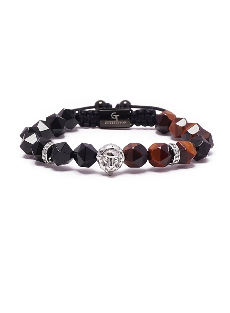 Red Tiger Eye and Onyx Beads Handmade Natural Stone Bead Bracelet – Bracelet for Men, Men’s Bracelet, Gifts for Men, Bracelets for Men – With Silver Lion Head, Adjustable One Size Fits All
