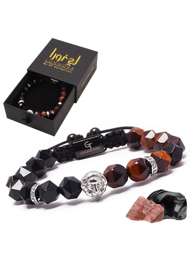 لونورا خرز عين النمر الأحمر والعقيق الأسود سوار خرز من الحجر الطبيعي مصنوع يدويًا – سوار للرجال، سوار رجالي، هدية للرجال، أساور للرجال – مع رأس أسد فضي، قابل للتعديل بمقاس واحد للجميع