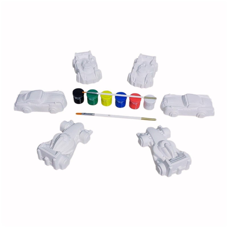 Gypsum Shapes for Coloring - Large Racing Cars + 6 Acrylic Colors + 2 Brush. Complete Art Set to Replace Screens and Develop Children's Skills Through a Joyful Coloring Activity (6-Cars).