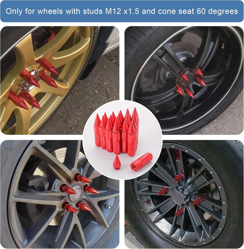 JDMSPEED 20PCS M12X1.5 Cap Spiked Extended Tuner 60mm Aluminum Wheels Rims Lug Nuts - Red - Image 2