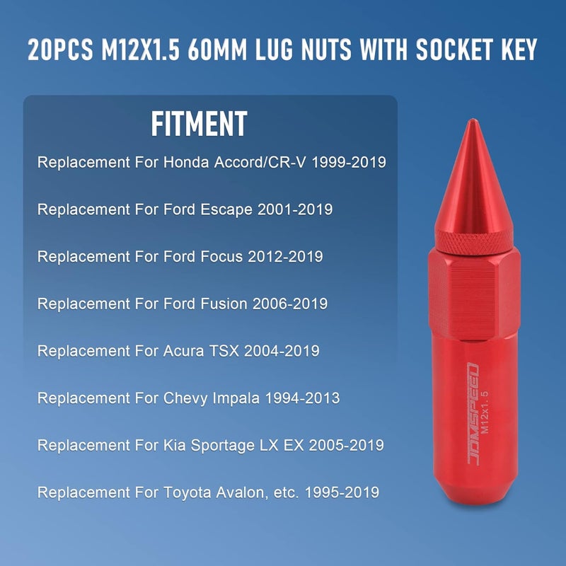 JDMSPEED 20PCS M12X1.5 Cap Spiked Extended Tuner 60mm Aluminum Wheels Rims Lug Nuts - Red - Image 3
