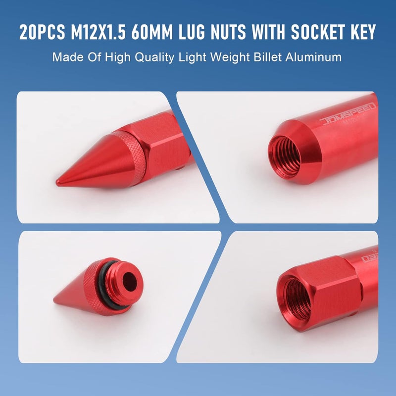 JDMSPEED 20PCS M12X1.5 Cap Spiked Extended Tuner 60mm Aluminum Wheels Rims Lug Nuts - Red - Image 5