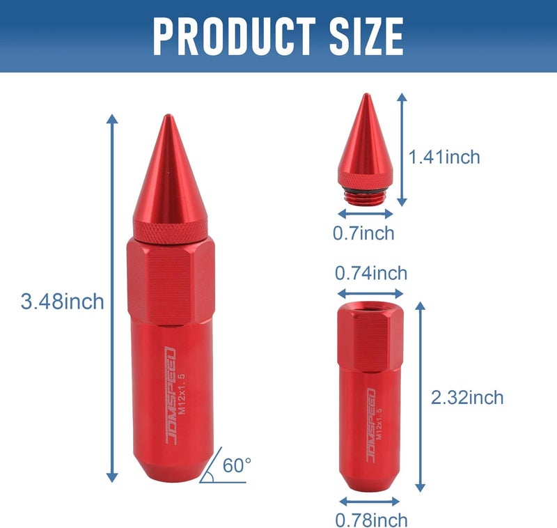JDMSPEED 20PCS M12X1.5 Cap Spiked Extended Tuner 60mm Aluminum Wheels Rims Lug Nuts - Red - Image 4