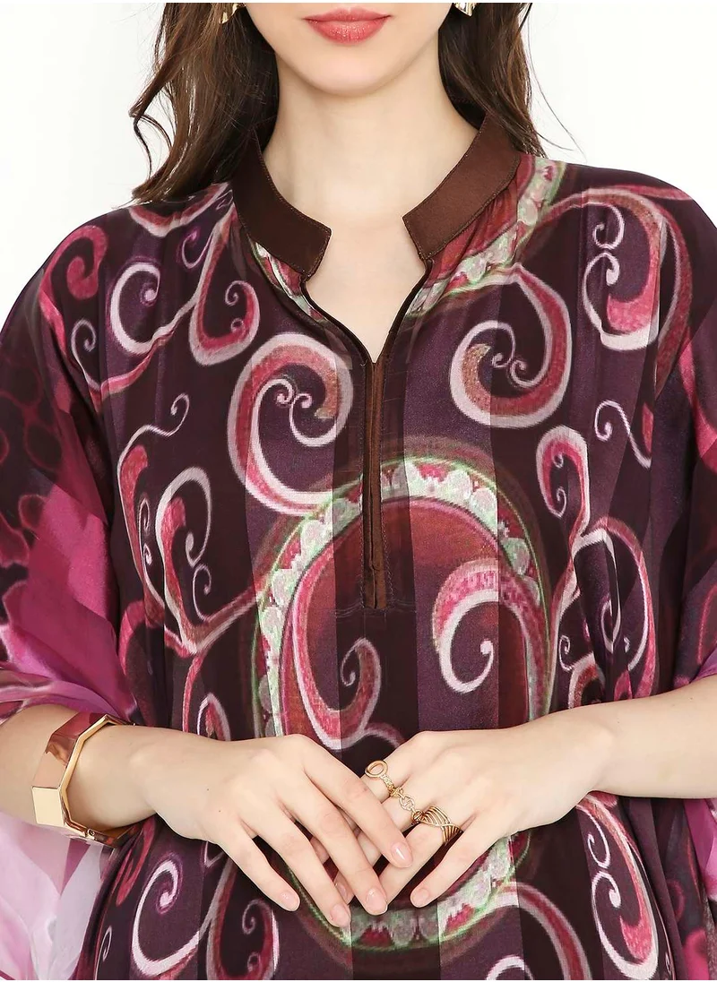 HANA & SARA SATIN SILK STRIPE UNIQUE PRINTED FARASHA KAFTAN JALABIYA WITH HIGH NECK COLLAR