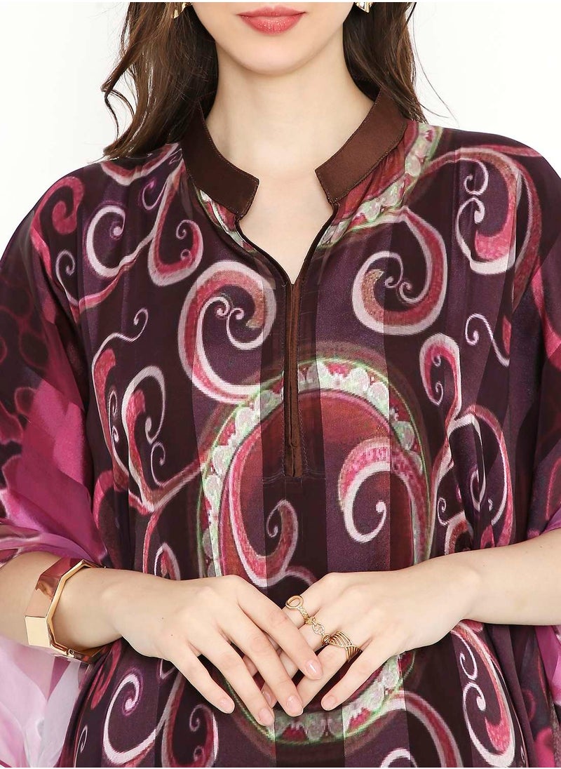 HANA & SARA - SATIN SILK STRIPE UNIQUE PRINTED FARASHA KAFTAN JALABIYA WITH HIGH NECK COLLAR - Image 1