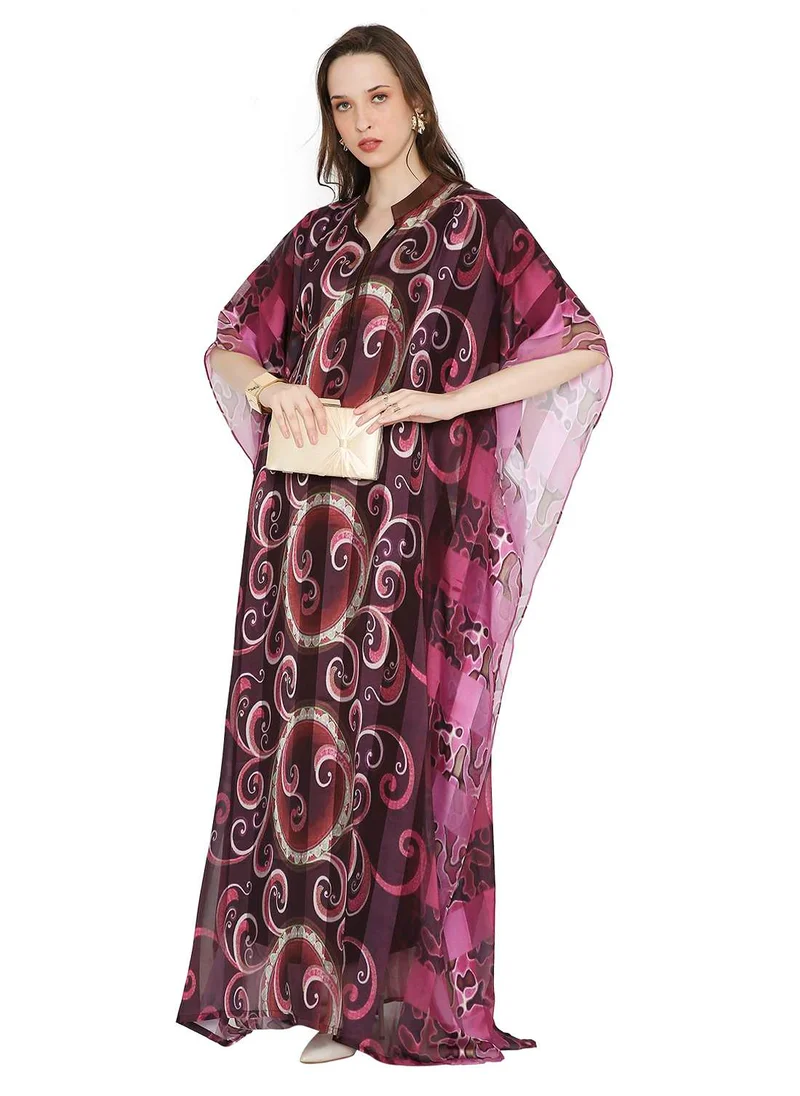 HANA & SARA SATIN SILK STRIPE UNIQUE PRINTED FARASHA KAFTAN JALABIYA WITH HIGH NECK COLLAR