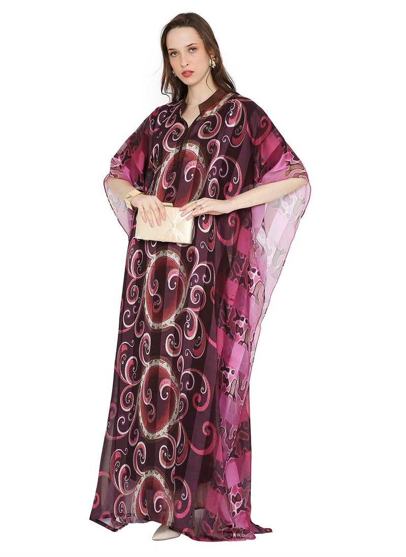 HANA & SARA - SATIN SILK STRIPE UNIQUE PRINTED FARASHA KAFTAN JALABIYA WITH HIGH NECK COLLAR - Image 1