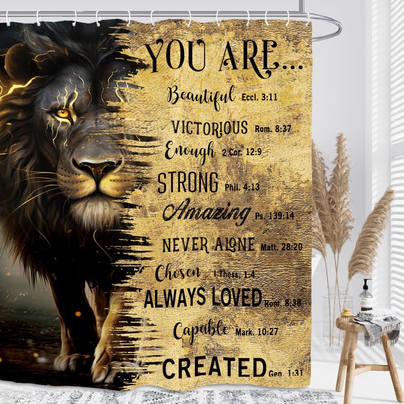 Kalmico Kalmico Lion Man Startain Masculine Startain 60wx72l inch الأسود الذهب الذهب الملهمة التحفيزية ونقلت الكتاب المقدس بارد الحمام مجموعة الملحقات ديكور مع 12 حزمة السنانير  - Image 2