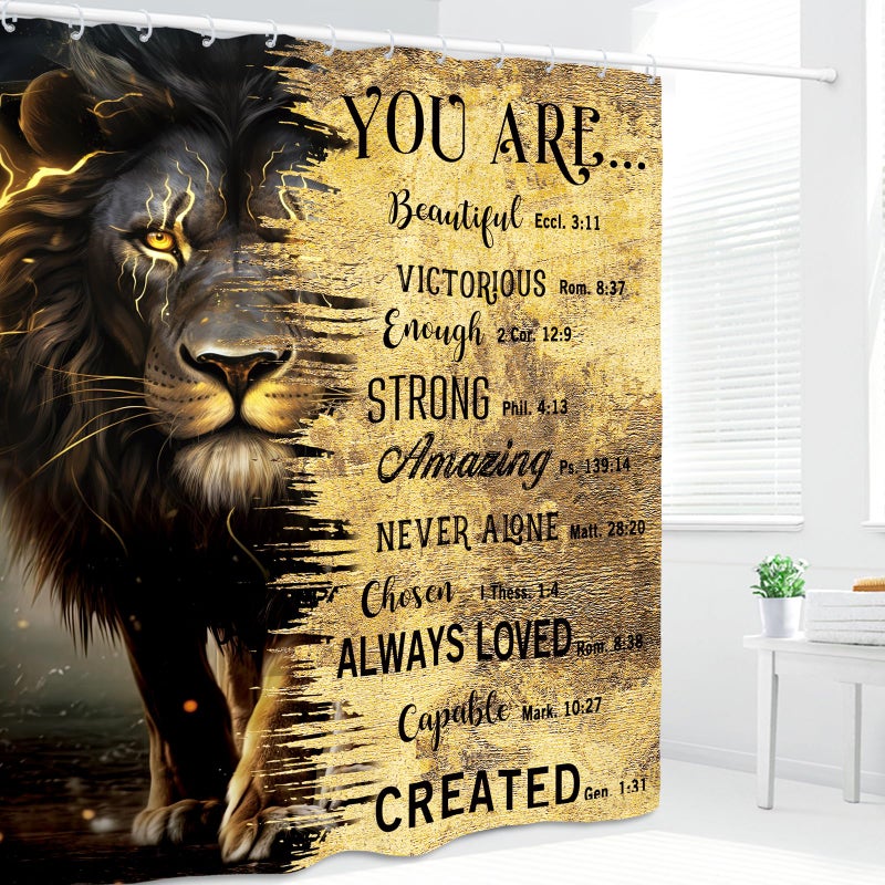 Kalmico Kalmico Lion Man Startain Masculine Startain 60wx72l inch الأسود الذهب الذهب الملهمة التحفيزية ونقلت الكتاب المقدس بارد الحمام مجموعة الملحقات ديكور مع 12 حزمة السنانير  - Image 4