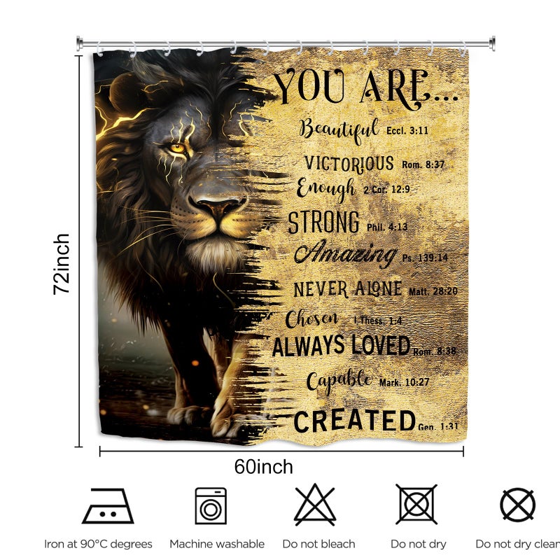 Kalmico Kalmico Lion Man Startain Masculine Startain 60wx72l inch الأسود الذهب الذهب الملهمة التحفيزية ونقلت الكتاب المقدس بارد الحمام مجموعة الملحقات ديكور مع 12 حزمة السنانير  - Image 3
