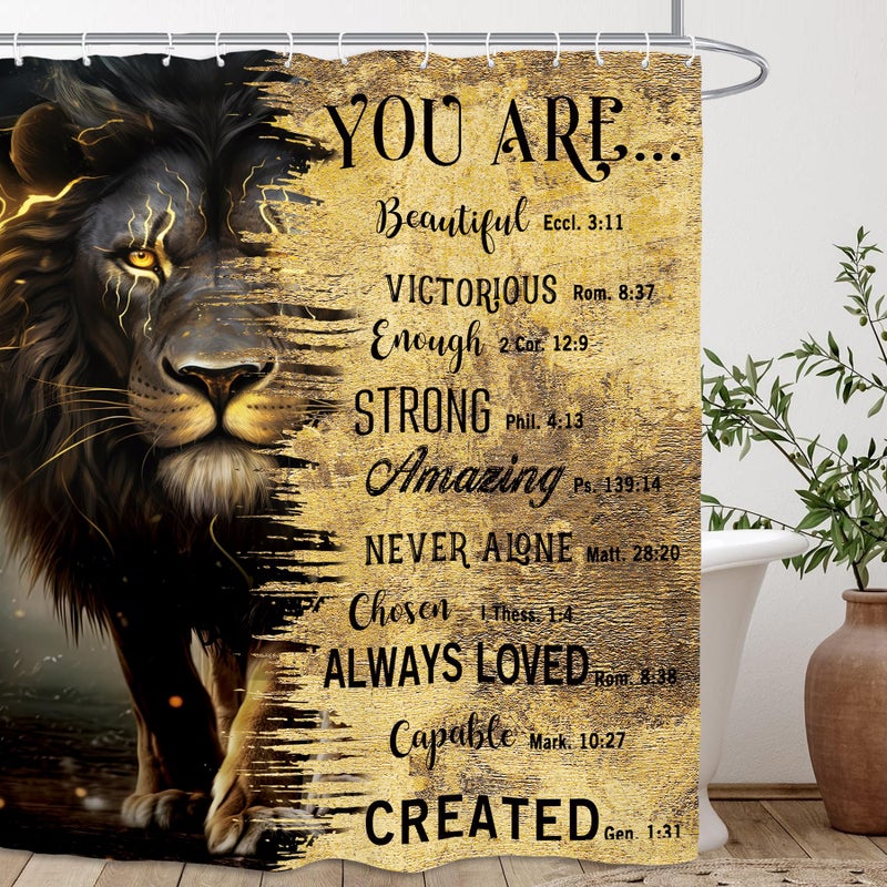 Kalmico Kalmico Lion Man Startain Masculine Startain 60wx72l inch الأسود الذهب الذهب الملهمة التحفيزية ونقلت الكتاب المقدس بارد الحمام مجموعة الملحقات ديكور مع 12 حزمة السنانير  - Image 1