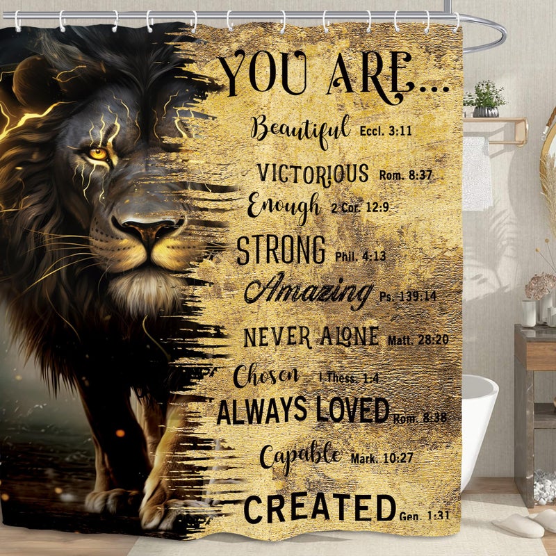 Kalmico Kalmico Lion Man Startain Masculine Startain 60wx72l inch الأسود الذهب الذهب الملهمة التحفيزية ونقلت الكتاب المقدس بارد الحمام مجموعة الملحقات ديكور مع 12 حزمة السنانير  - Image 5
