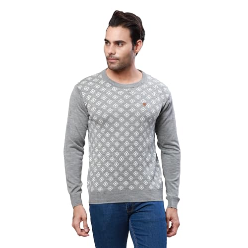 Raymond Men's Regular Fit Acrylic Wool Blend Full Sleeve Round Neck Jacquard Pattern Grey Casual Sweater (Size: XL)-RMWX01266-G4 - Image 1