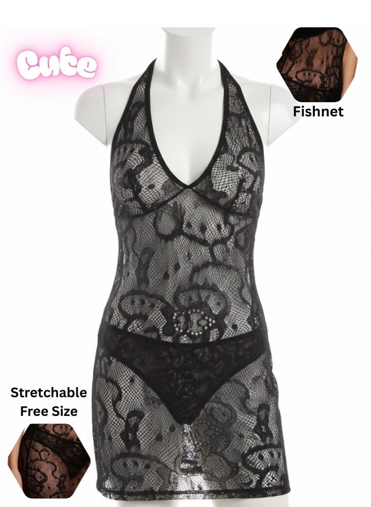 Cute Black Fishnet Halter Neck Lingerie Dress – Stretchable Free Size Mesh Nightwear with Floral Net Design, Seductive Bodycon Fit - Image 1