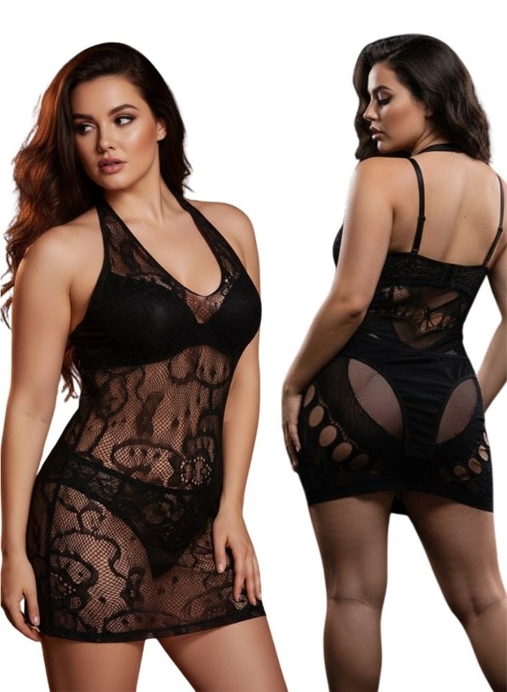 Cute Black Fishnet Halter Neck Lingerie Dress – Stretchable Free Size Mesh Nightwear with Floral Net Design, Seductive Bodycon Fit - Image 5