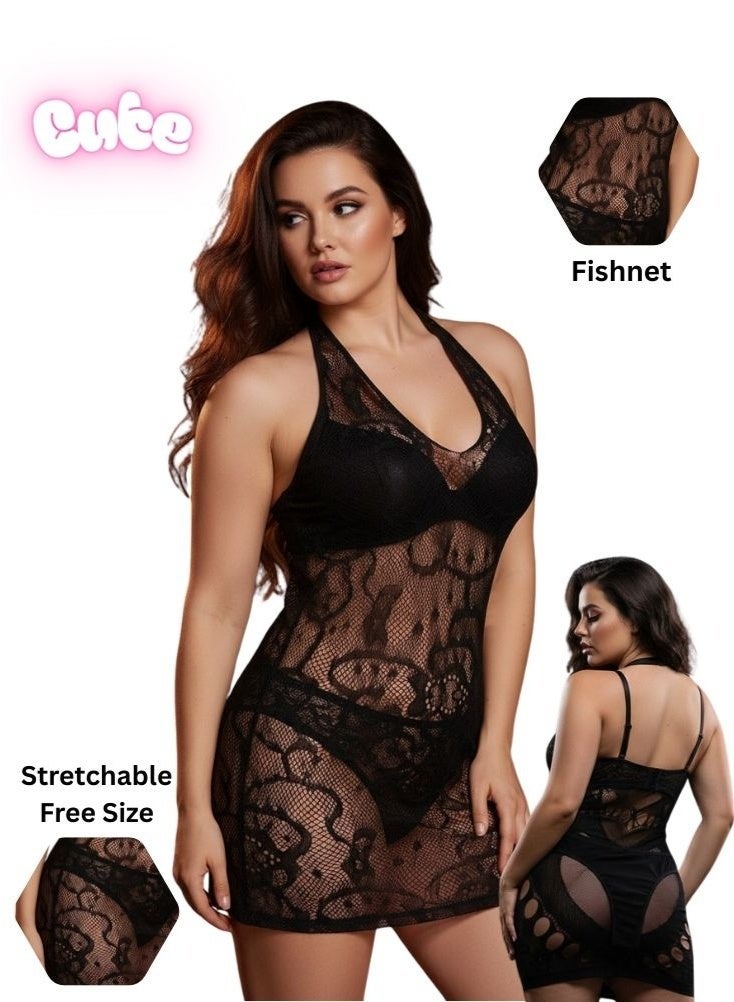Cute Black Fishnet Halter Neck Lingerie Dress – Stretchable Free Size Mesh Nightwear with Floral Net Design, Seductive Bodycon Fit - Image 1