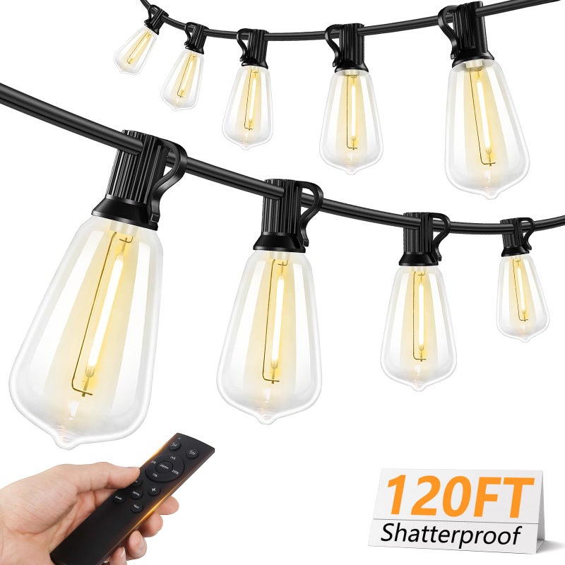 Brightever 120FT LED Outdoor String Lights with Remote, Patio Lights Outdoor Waterproof with 36+2 Shatterproof ST38 LED Bulbs, Dimmable Outside Hanging Light for Porch, Garden, Backyard, Cafe, 2700K - Image 1