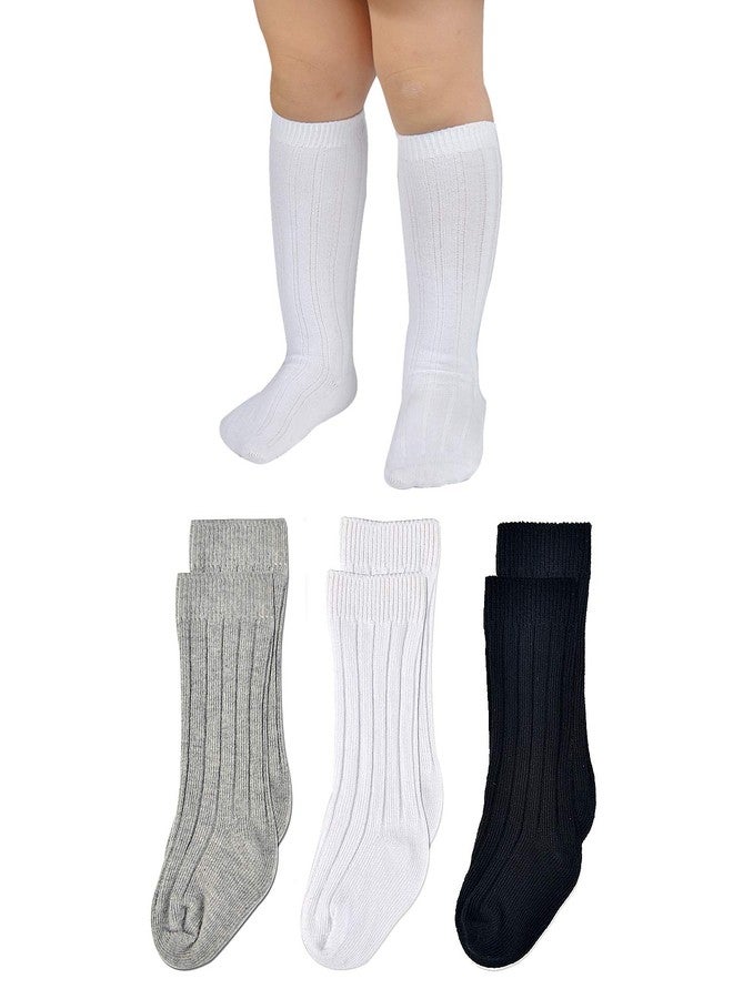 EPEIUS Unisex-Baby Boys Girls Seamless Ribbed Knit Knee High Socks 3 Pairs Pack Newborn Boys Girls Uniform Stockings for 0-3 Months,Black/White/Grey - Image 1
