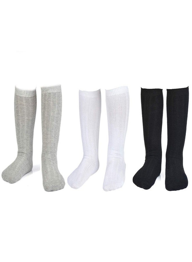 EPEIUS Unisex-Baby Boys Girls Seamless Ribbed Knit Knee High Socks 3 Pairs Pack Newborn Boys Girls Uniform Stockings for 0-3 Months,Black/White/Grey - Image 3