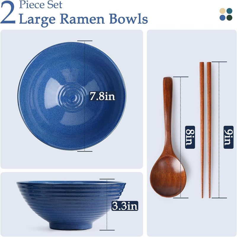 NUTRIUPS 8 Inch Ceramic Ramen Bowl Set of 2 Pho Bowls 40oz Japanese Noodle Udon Soup Bowls with Spoons and Chopsticks Sapphire Blue - Image 2