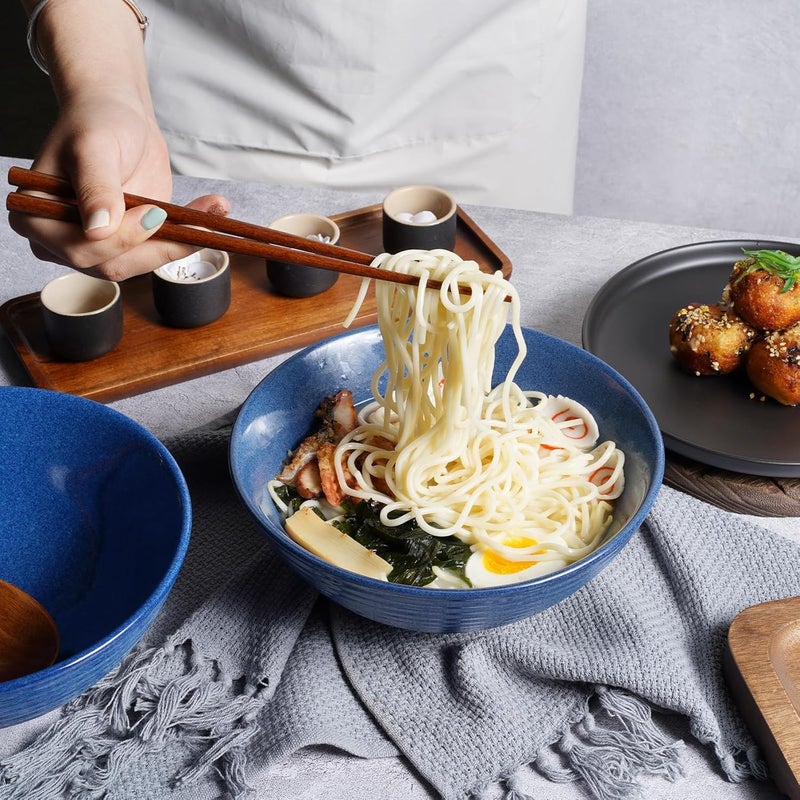 NUTRIUPS 8 Inch Ceramic Ramen Bowl Set of 2 Pho Bowls 40oz Japanese Noodle Udon Soup Bowls with Spoons and Chopsticks Sapphire Blue - Image 3