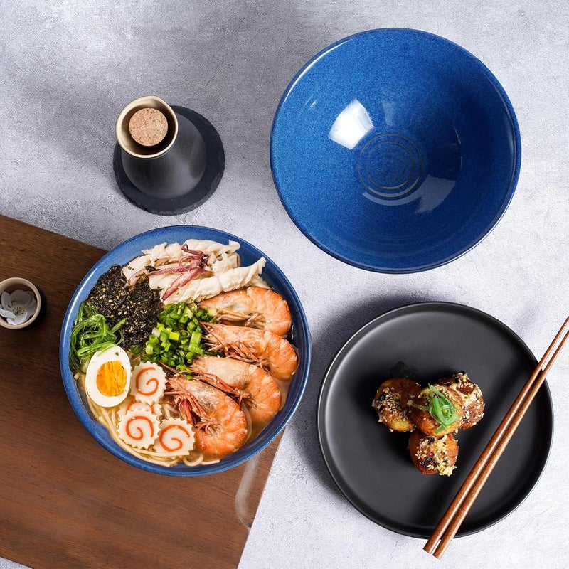NUTRIUPS 8 Inch Ceramic Ramen Bowl Set of 2 Pho Bowls 40oz Japanese Noodle Udon Soup Bowls with Spoons and Chopsticks Sapphire Blue - Image 4