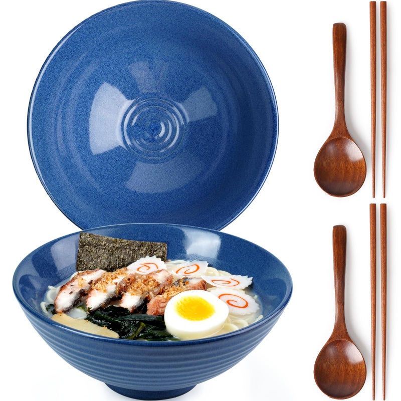 NUTRIUPS 8 Inch Ceramic Ramen Bowl Set of 2 Pho Bowls 40oz Japanese Noodle Udon Soup Bowls with Spoons and Chopsticks Sapphire Blue - Image 1