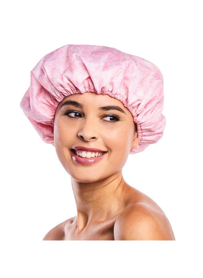 Betty Dain Reusable Nylon Shower Cap & Bath Cap, Reversible Oversized Waterproof Shower Caps Large Designed for all Hair Lengths w Terry Lining & Elastic Band Stretch Hem Hair Hat - Socialite Pretty in Pink Lace  - Image 2