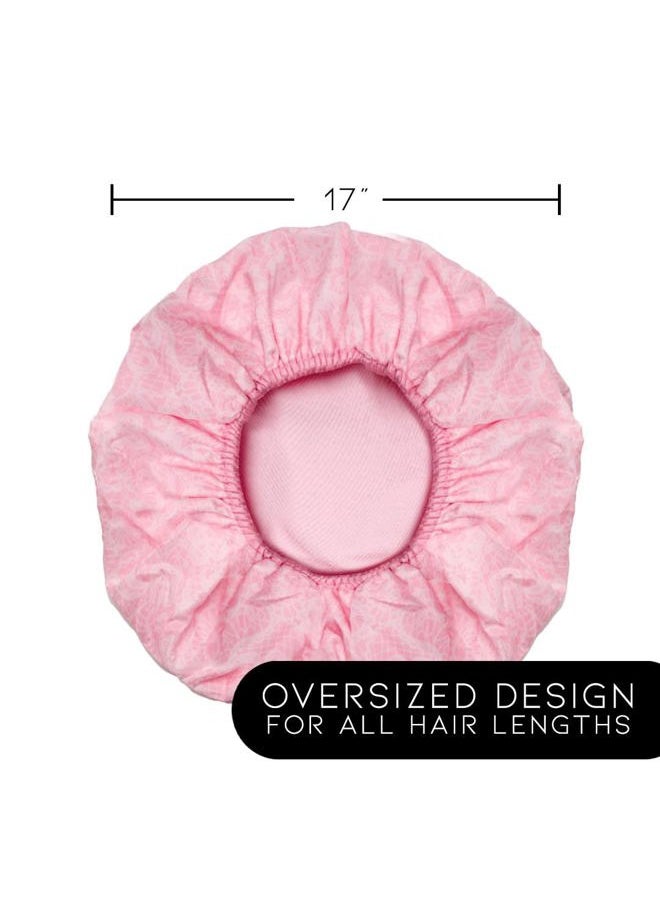 Betty Dain Reusable Nylon Shower Cap & Bath Cap, Reversible Oversized Waterproof Shower Caps Large Designed for all Hair Lengths w Terry Lining & Elastic Band Stretch Hem Hair Hat - Socialite Pretty in Pink Lace  - Image 5