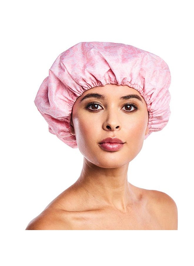 Betty Dain Reusable Nylon Shower Cap & Bath Cap, Reversible Oversized Waterproof Shower Caps Large Designed for all Hair Lengths w Terry Lining & Elastic Band Stretch Hem Hair Hat - Socialite Pretty in Pink Lace  - Image 1