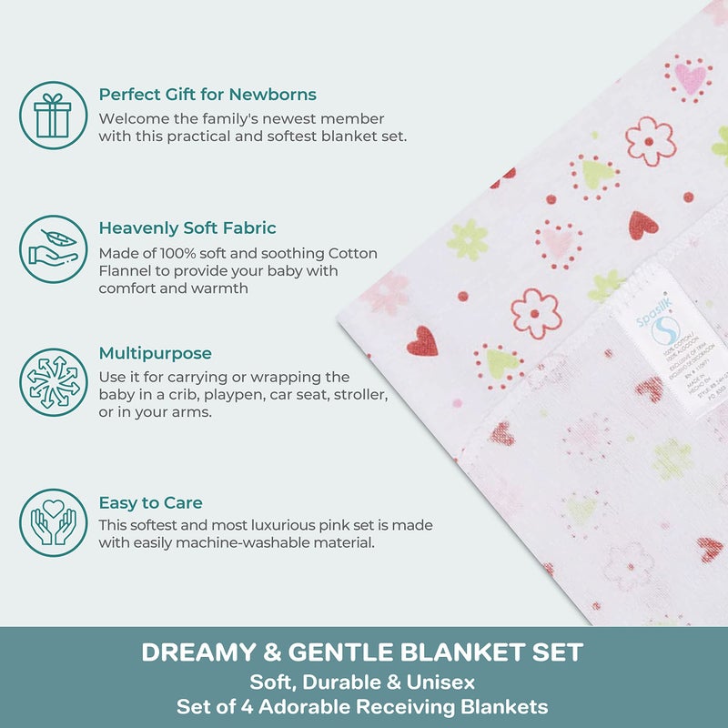 Spasilk Receiving Baby Blanket, 100% Cotton Flannel Blanket, Pack of 4, Pink - Image 4