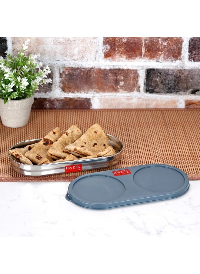 Hazel - HAZEL Stainless Steel Oval Shape Container Roti Box With Lid | 450 Ml Chapati Container For Tiffin Box & Kitchen | Chapati, Roti & Puri Dabba With Lid, Grey - Image 1