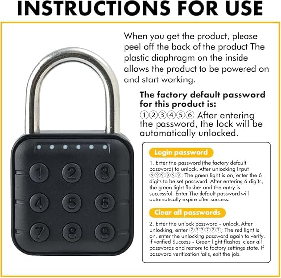 Jukusa 6 Digit Password Locker Lock Aluminum Alloy Code Digital Padlock, Push Button Safe Security Padlock, Combination Padlock for Gym and School Lockers(Black) - Image 3