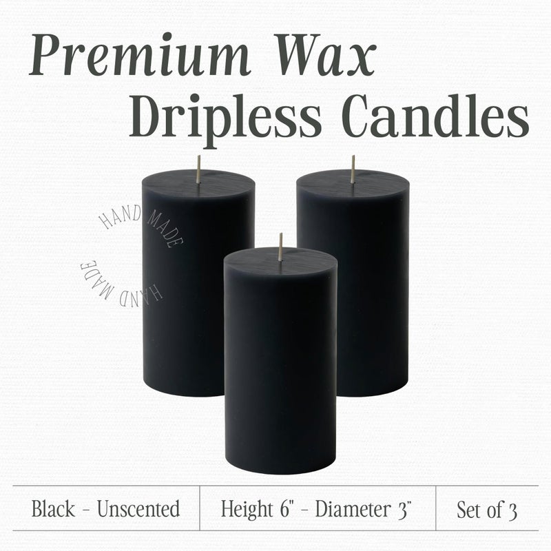 Mister Candle Dripless Unscented Pillar Candles, Set of 3 Hand Poured Black Pillar Candles, Solid Color for Home Decor, Premium Wax, 8 0 Hr Burn Time, 3x6 Inch - Image 2