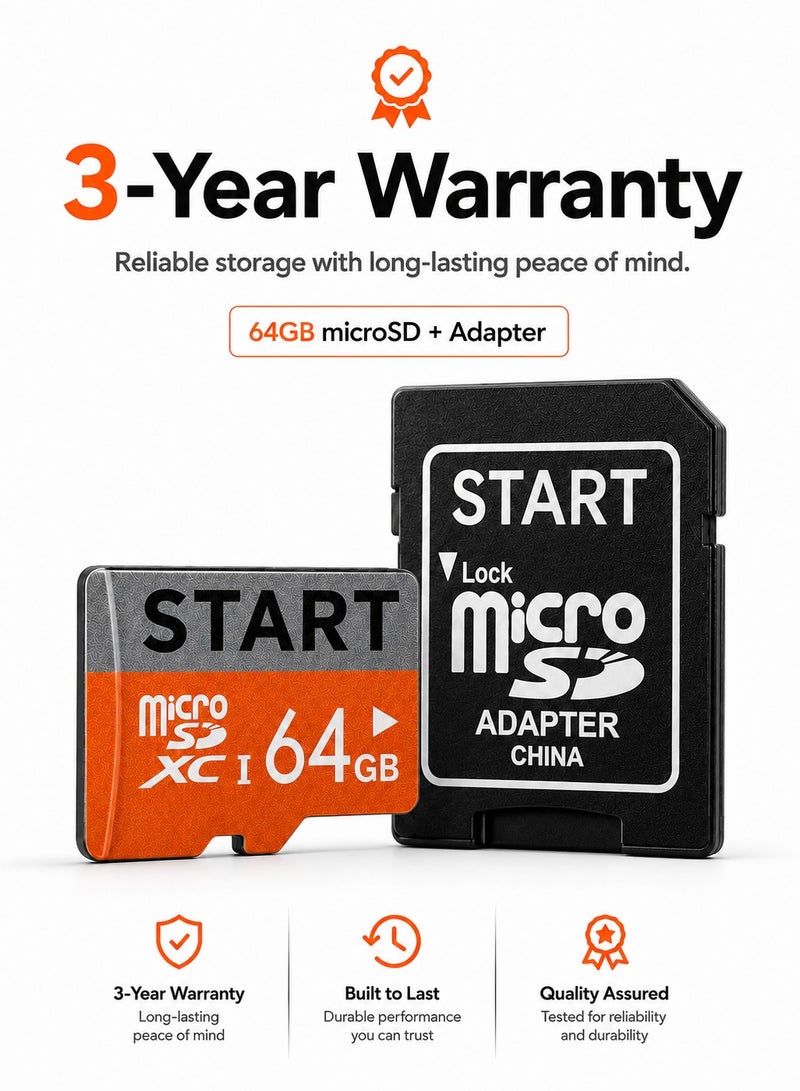 START Original 64GB microSDXC Memory Card with SD Adapter, Full HD Recording Support, Waterproof & Shockproof, Compatible with Android Phones, Cameras, Tablets & Computers, 3-Year Warranty - Image 1