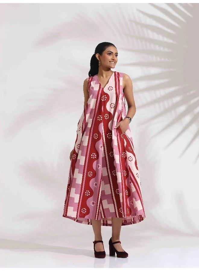 ترو برونز trueBrowns Pink Cotton Abstract Print Dress