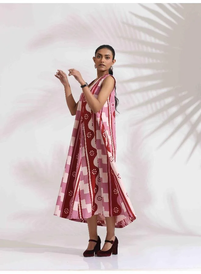 ترو برونز trueBrowns Pink Cotton Abstract Print Dress