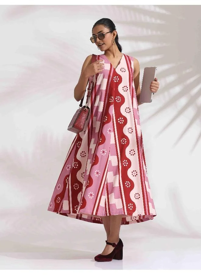 ترو برونز trueBrowns Pink Cotton Abstract Print Dress