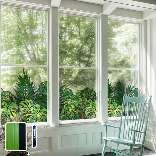 ChicSkin Original Hand Drawn Window Cling Film Stained Glass Border with Tools, Double Sided Transparent Window Film Haning Plants for Glass Window, Front Door, Monstera and Palm 16.93"X54.33" - Image 1