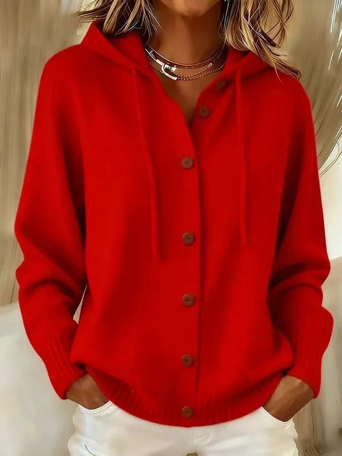 Women's Button Knitted Hooded Cardigan Sweater - Image 5