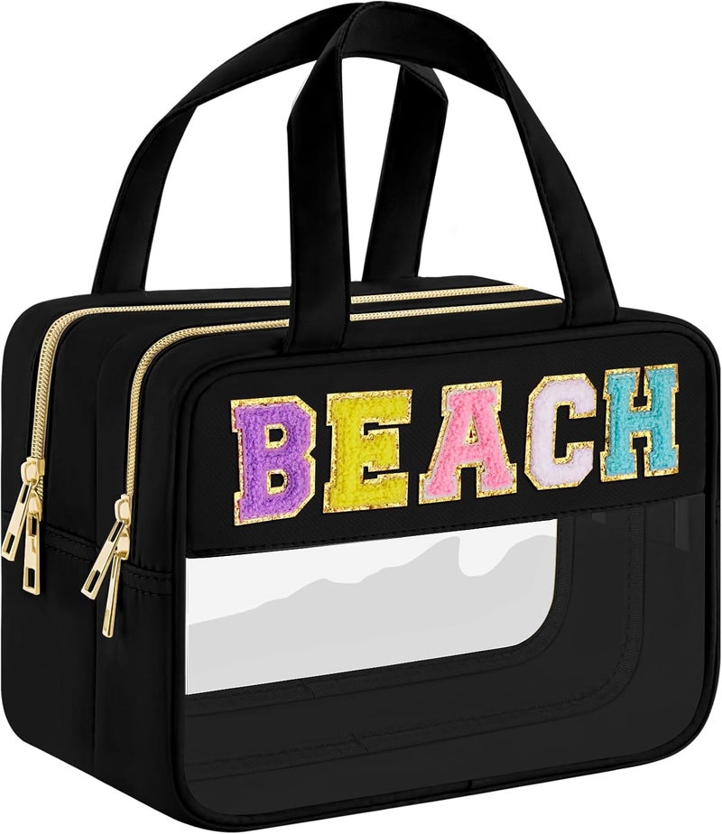 Simboom Chenille Letter Clear Makeup Bag, Preppy Cosmetic Bag with Zipper, Stuff Bag Waterproof Sunscreen Bag Travel Toiletry Pouch for Women and Girls (Black 3, Plus Size)