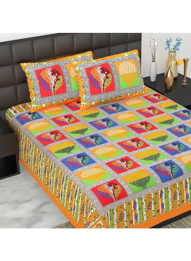 JAIPUR PRINTS JAIPUR PRINTS Cotton Double Bedsheet with 2 Pillow Covers 90x100 inch Multicolour Tree Print Yellow 160 TC  - Image 1